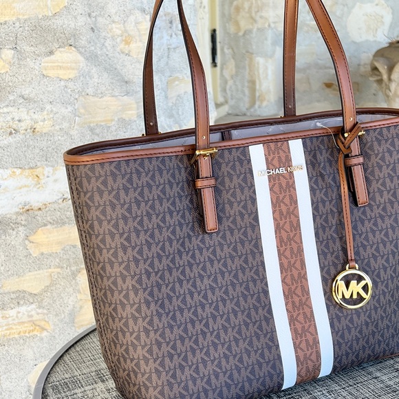 Michael Kors Jet Set Travel Medium Carry All tote&wallet brown Signature stripe - Picture 7 of 9